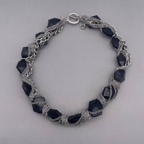 Black Faceted Beaded Silver Tone Chain Wrap Necklace Toggle Closure 19 Inch - Picture 2 of 5